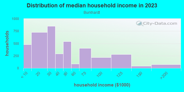 Household income distribution in 2013 in Burkhardt in Dayton neighborhood in OH