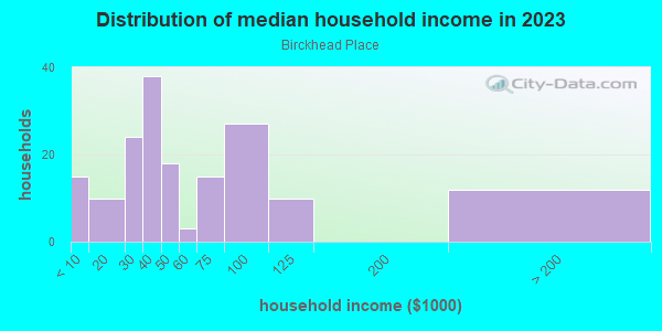 Household income distribution in 2013 in Birckhead Place in Toledo neighborhood in OH