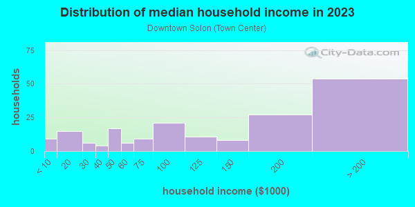 Household income distribution in 2013 in Downtown Solon in Solon neighborhood in OH