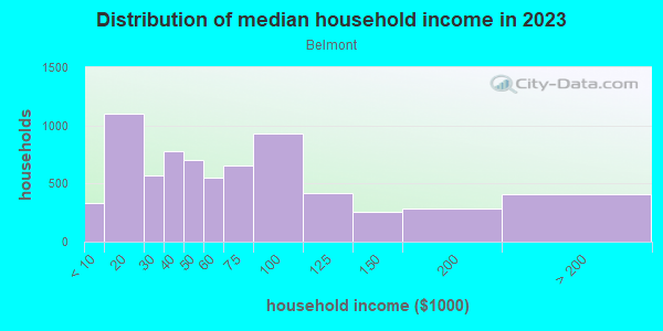 Household income distribution in 2013 in Belmont in Dayton neighborhood in OH