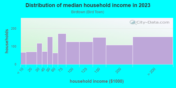 Household income distribution in 2013 in Birdtown in Lakewood neighborhood in OH