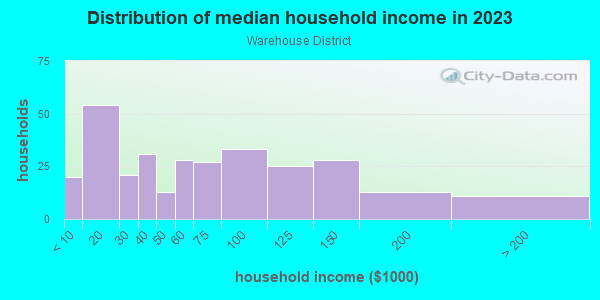 Household income distribution in 2013 in Warehouse District in Toledo neighborhood in OH