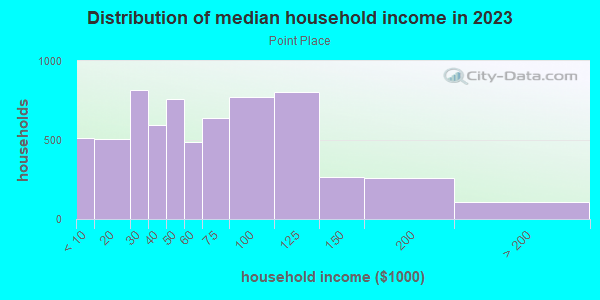 Household income distribution in 2013 in Point Place in Toledo neighborhood in OH