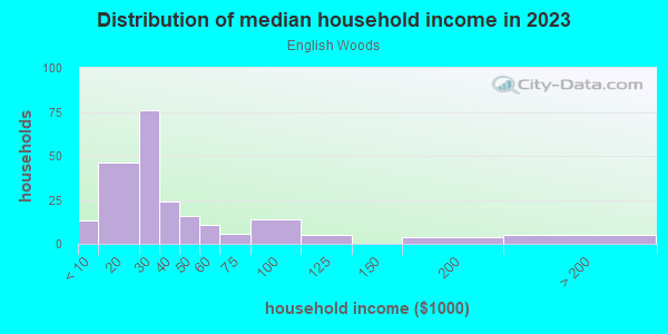 Household income distribution in 2013 in English Woods in Cincinnati neighborhood in OH
