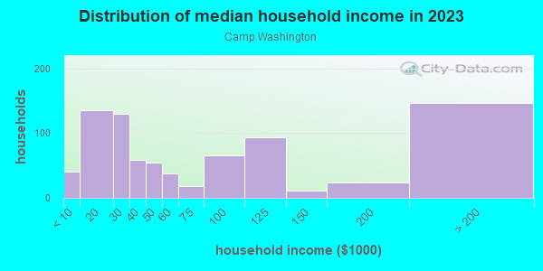 Household income distribution in 2013 in Camp Washington in Cincinnati neighborhood in OH