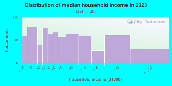 Household income distribution in 2013 in Madisonville in Cincinnati neighborhood in OH