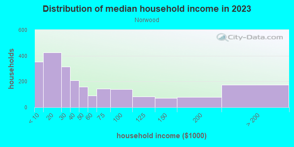 Household income distribution in 2013 in Norwood in Birmingham neighborhood in AL