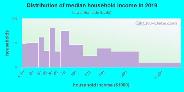 Household income distribution in 2013 in Lower Burnside in Portland neighborhood in OR