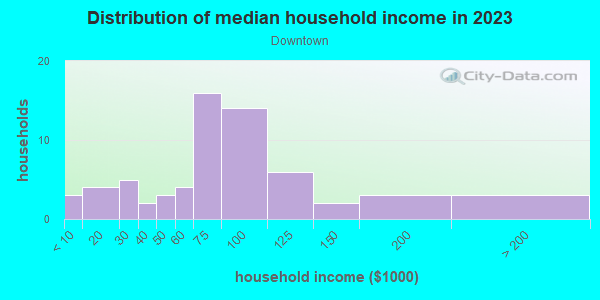 Household income distribution in 2013 in Downtown in Portland neighborhood in OR