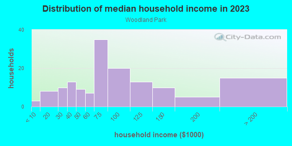 Household income distribution in 2013 in Woodland Park in Portland neighborhood in OR