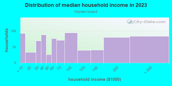Household income distribution in 2013 in Hayden Island in Portland neighborhood in OR
