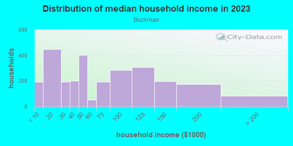 Household income distribution in 2013 in Buckman in Portland neighborhood in OR