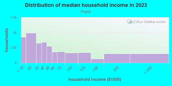 Household income distribution in 2013 in Poplar in Philadelphia neighborhood in PA