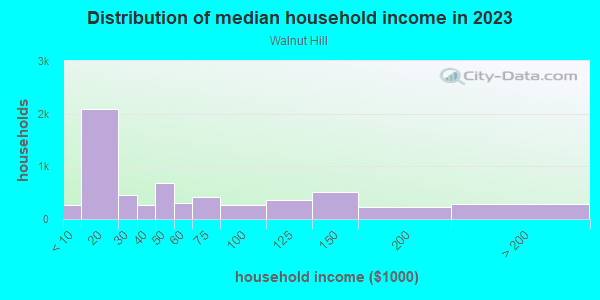 Household income distribution in 2013 in Walnut Hill in Philadelphia neighborhood in PA