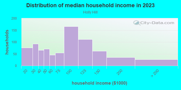 Household income distribution in 2013 in Holly Hill in Levittown neighborhood in PA