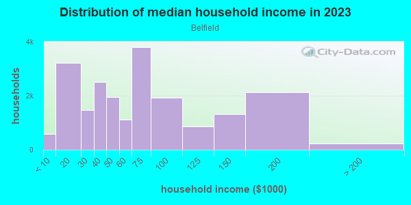 Household income distribution in 2013 in Belfield in Philadelphia neighborhood in PA