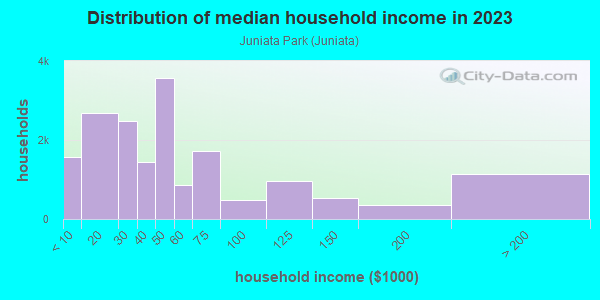 Household income distribution in 2013 in Juniata Park in Philadelphia neighborhood in PA