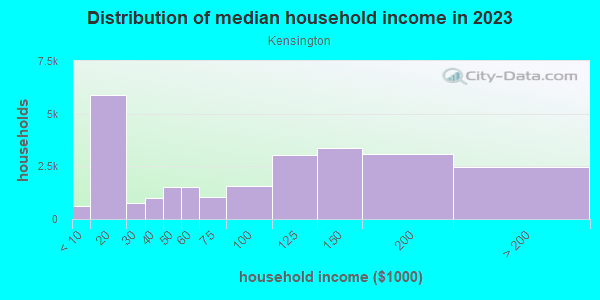 Household income distribution in 2013 in Kensington in Philadelphia neighborhood in PA