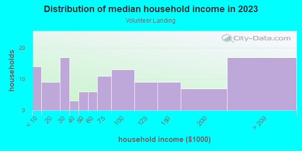 Household income distribution in 2013 in Volunteer Landing in Knoxville neighborhood in TN