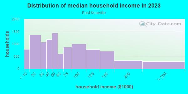 Household income distribution in 2013 in East Knoxville in Knoxville neighborhood in TN