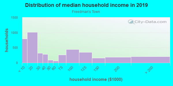 Household income distribution in 2013 in Freedman's Town in Dallas neighborhood in TX