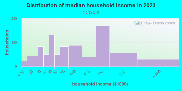 Household income distribution in 2013 in North Cliff in Dallas neighborhood in TX