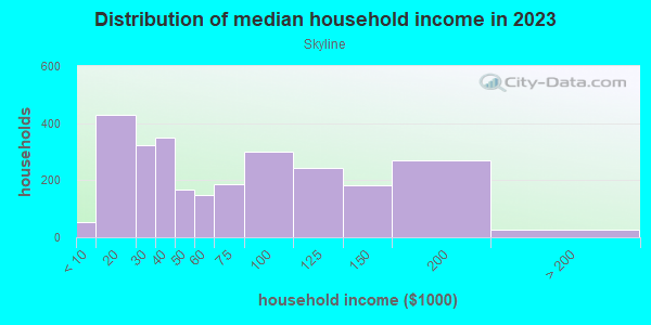 Household income distribution in 2013 in Skyline in Mesquite neighborhood in TX