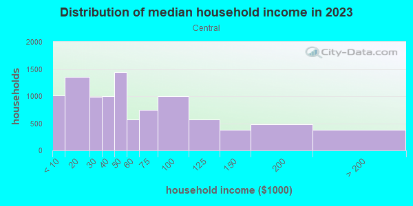 Household income distribution in 2013 in Central in Arlington neighborhood in TX