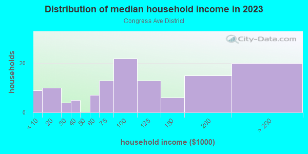 Household income distribution in 2013 in Congress Ave District in Austin neighborhood in TX