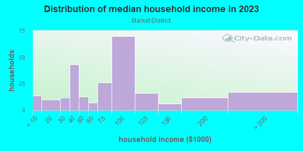 Household income distribution in 2013 in Market District in Austin neighborhood in TX