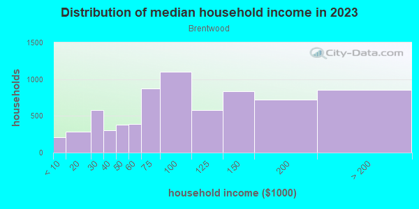 Household income distribution in 2013 in Brentwood in Austin neighborhood in TX