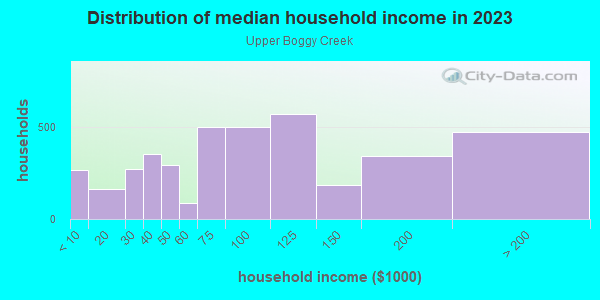 Household income distribution in 2013 in Upper Boggy Creek in Austin neighborhood in TX