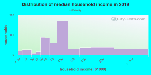 Household income distribution in 2013 in Gateway in Austin neighborhood in TX