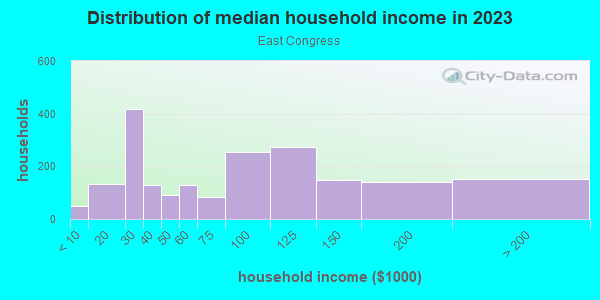 Household income distribution in 2013 in East Congress in Austin neighborhood in TX