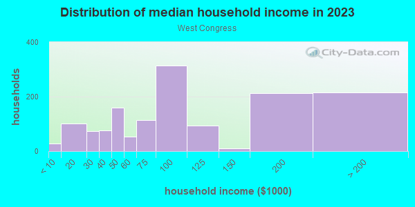 Household income distribution in 2013 in West Congress in Austin neighborhood in TX
