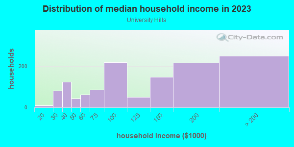 Household income distribution in 2013 in University Hills in Austin neighborhood in TX