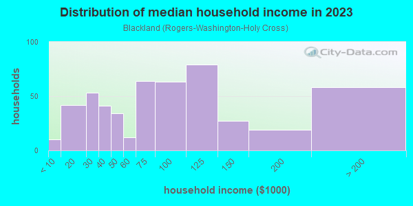 Household income distribution in 2013 in Blackland in Austin neighborhood in TX