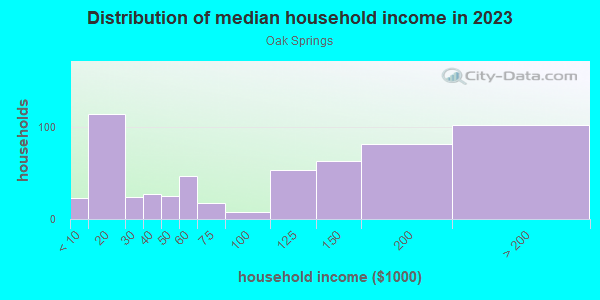 Household income distribution in 2013 in Oak Springs in Austin neighborhood in TX