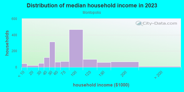 Household income distribution in 2013 in Montopolis in Austin neighborhood in TX
