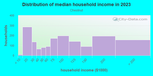 Household income distribution in 2013 in Chestnut in Austin neighborhood in TX