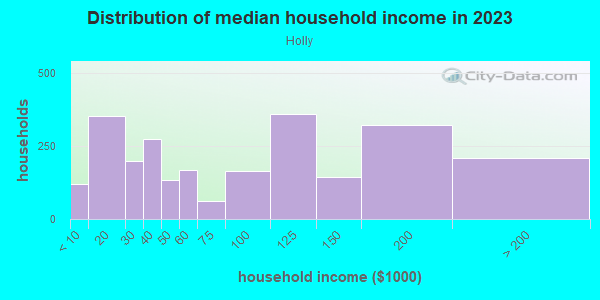 Household income distribution in 2013 in Holly in Austin neighborhood in TX