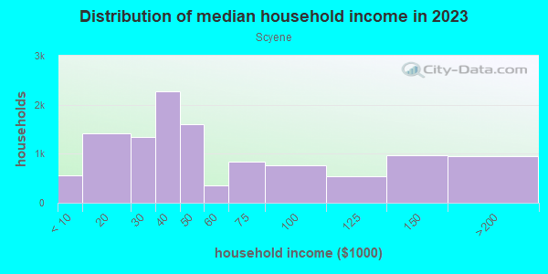 Household income distribution in 2013 in Scyene in Dallas neighborhood in TX