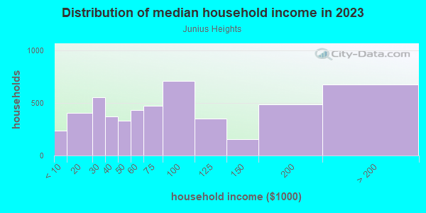 Household income distribution in 2013 in Junius Heights in Dallas neighborhood in TX