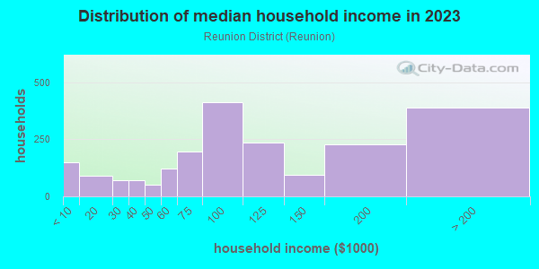 Household income distribution in 2013 in Reunion District in Dallas neighborhood in TX
