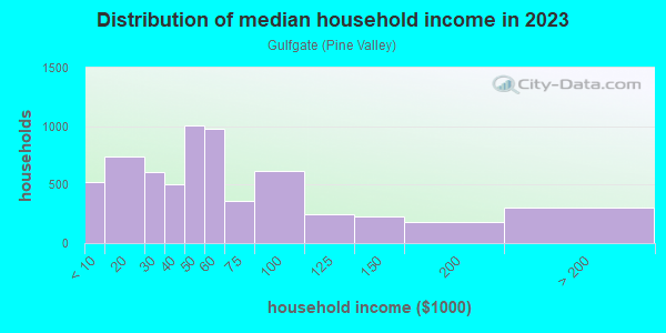 Household income distribution in 2013 in Gulfgate in Houston neighborhood in TX