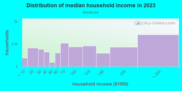 Household income distribution in 2013 in Montrose in Houston neighborhood in TX
