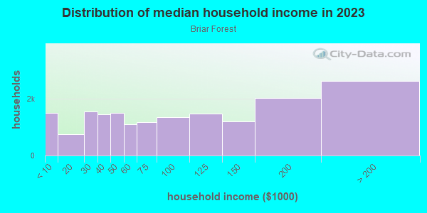 Household income distribution in 2013 in Briar Forest in Houston neighborhood in TX