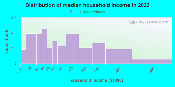 Household income distribution in 2013 in Central Meadowbrook in Fort Worth neighborhood in TX