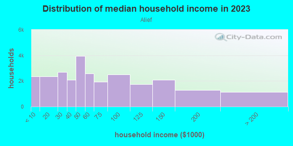 Household income distribution in 2013 in Alief in Houston neighborhood in TX