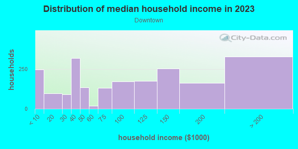 Household income distribution in 2013 in Downtown in Fort Worth neighborhood in TX